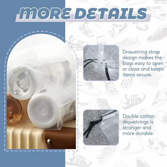 Alt view image 4 of 7 - 50 Pcs Shoe Bags for Travel,Large Transparent Travel Shoe Bags for Packing,Clear Plastic Drawstring Bags Shoe Dust Bags,Portable Shoes Organizers Pouch with Rope for Men and Women