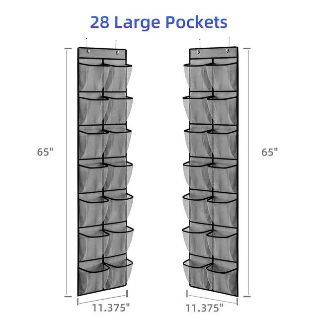 Alt view image 2 of 7 - 2 Pack Grey14 Pockets Over the Door Shoe Organizer, Hanging Shoe Organizer with 4 Hooks Door Shoe Holder with Mesh Deep Pockets Closet Door Shoe Storage Bag (Grey-2Pack)