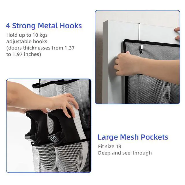 Alt view image 3 of 7 - 2 Pack Grey14 Pockets Over the Door Shoe Organizer, Hanging Shoe Organizer with 4 Hooks Door Shoe Holder with Mesh Deep Pockets Closet Door Shoe Storage Bag (Grey-2Pack)