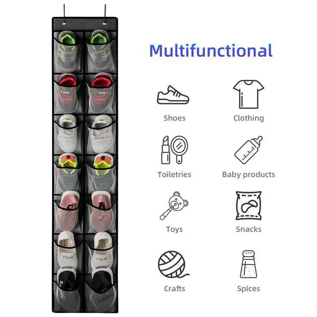 Alt view image 4 of 7 - 2 Pack Grey14 Pockets Over the Door Shoe Organizer, Hanging Shoe Organizer with 4 Hooks Door Shoe Holder with Mesh Deep Pockets Closet Door Shoe Storage Bag (Grey-2Pack)