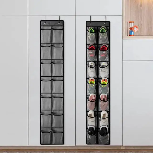 Alt view image 5 of 7 - 2 Pack Grey14 Pockets Over the Door Shoe Organizer, Hanging Shoe Organizer with 4 Hooks Door Shoe Holder with Mesh Deep Pockets Closet Door Shoe Storage Bag (Grey-2Pack)