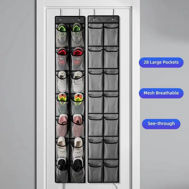 Alt view image 6 of 7 - 2 Pack Grey14 Pockets Over the Door Shoe Organizer, Hanging Shoe Organizer with 4 Hooks Door Shoe Holder with Mesh Deep Pockets Closet Door Shoe Storage Bag (Grey-2Pack)