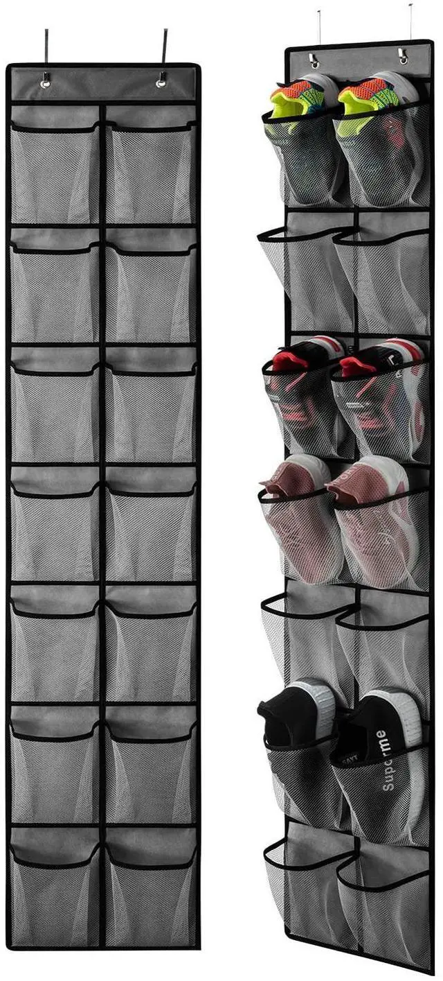 Alt view image 7 of 7 - 2 Pack Grey14 Pockets Over the Door Shoe Organizer, Hanging Shoe Organizer with 4 Hooks Door Shoe Holder with Mesh Deep Pockets Closet Door Shoe Storage Bag (Grey-2Pack)