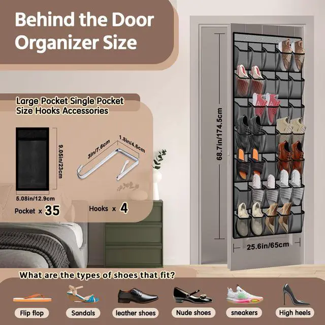 Alt view image 2 of 7 - 35 Pocket Over the Door Shoe Organizer,Reusable Breathable Large Mesh Bag Men's & Women's Sneaker Organizer,Shoe Organizer for Kids,Hanging Shoe Storage Hanging Bag (Gray)