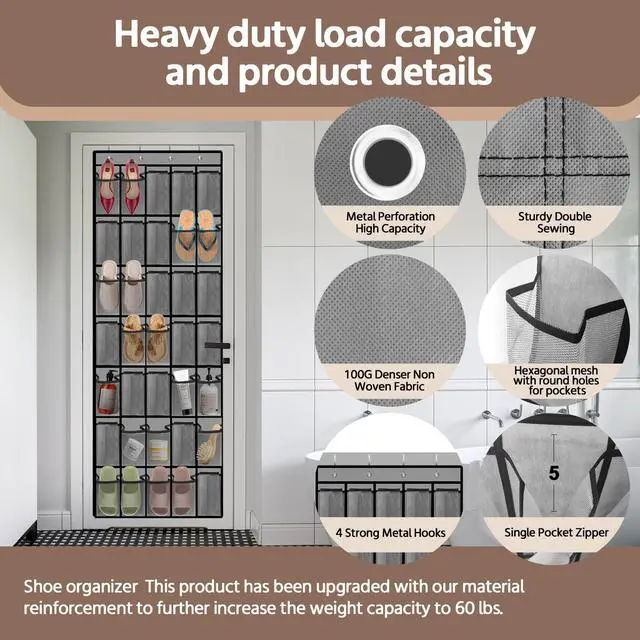 Alt view image 3 of 7 - 35 Pocket Over the Door Shoe Organizer,Reusable Breathable Large Mesh Bag Men's & Women's Sneaker Organizer,Shoe Organizer for Kids,Hanging Shoe Storage Hanging Bag (Gray)