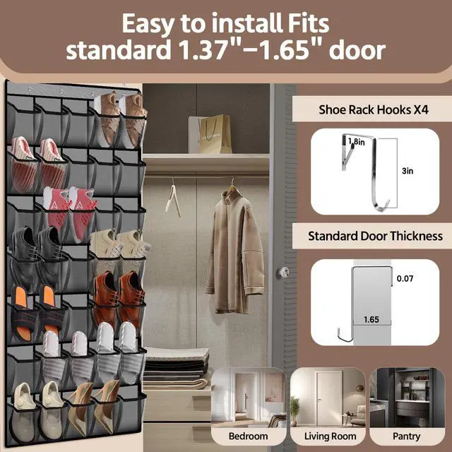 Alt view image 6 of 7 - 35 Pocket Over the Door Shoe Organizer,Reusable Breathable Large Mesh Bag Men's & Women's Sneaker Organizer,Shoe Organizer for Kids,Hanging Shoe Storage Hanging Bag (Gray)