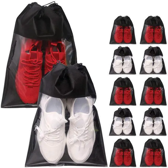 Main image of 12 Pack Portable Shoe Bags for Travel Large Shoes Pouch Storage Organizer Clear Window with Drawstring for Men and Women Black