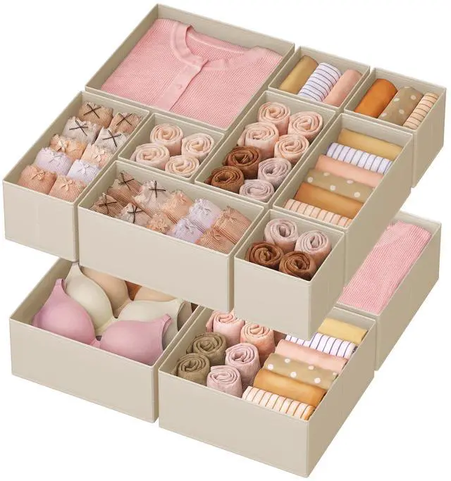 Main image of Drawer Organizers, Dresser Divider Organizers, Set of 12, Foldable Fabric Storage Boxes for Socks, Underwear, Bras, Ties, Scarves, Summer Sand URDZ006Y02