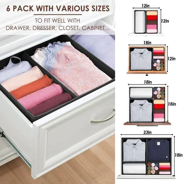 Alt view image 4 of 7 - 6 Pack Clothes Drawer Organizer Dividers, Fabric Foldable Closet Dresser Drawer Organizer for Clothing, Bra Sock Underwear Drawer Organizer for Nursery Bedroom Organization (6 Bins, Black)