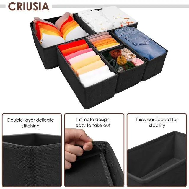 Alt view image 2 of 7 - 6 Pack Clothes Drawer Organizer Dividers, Fabric Foldable Closet Dresser Drawer Organizer for Clothing, Bra Sock Underwear Drawer Organizer for Nursery Bedroom Organization (6 Bins, Black)