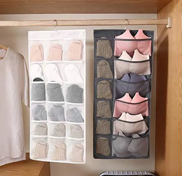 Alt view image 2 of 7 - Closet Hanging Organizer with Mesh Pockets & Rotating Metal Hanger,Dual Sided Wall Shelf Wardrobe Storage Bags,Oxford Cloth Space Saver Bag for Bra Underwear Underpants Socks (white)