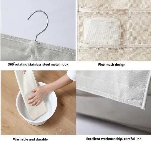 Alt view image 5 of 7 - Closet Hanging Organizer with Mesh Pockets & Rotating Metal Hanger,Dual Sided Wall Shelf Wardrobe Storage Bags,Oxford Cloth Space Saver Bag for Bra Underwear Underpants Socks (white)