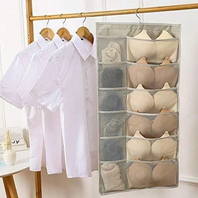 Alt view image 6 of 7 - Closet Hanging Organizer with Mesh Pockets & Rotating Metal Hanger,Dual Sided Wall Shelf Wardrobe Storage Bags,Oxford Cloth Space Saver Bag for Bra Underwear Underpants Socks (white)