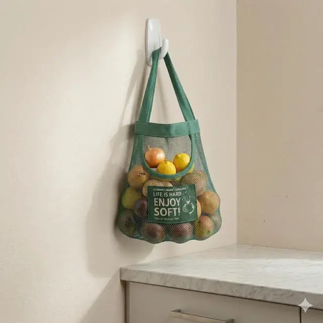 Alt view image 2 of 5 - Durable Reusable Hanging Storage Mesh Bags for Fruits, Vegetables, Garlic, Ginger & Potatoes, Kitchen Storage Mesh Bag, Breathable Storage Bags for Pantry, Home Decor & Kitchen Decor (2 blue bags)