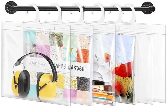 Main image of 12x12-inch Hanging Storage Bags, Headphone Storage Bags, 12x12 Scrapbook Paper Organizer, Large Hook Clear Plastic Bags for Classroom, Library, and Pharmacy Use-24 Pack