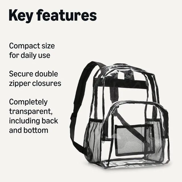 Alt view image 2 of 6 - Transparent Clear School Backpack, Water-Resistant PVC Plastic, Reinforced Shoulder Straps, 17 x 7 x 13 in