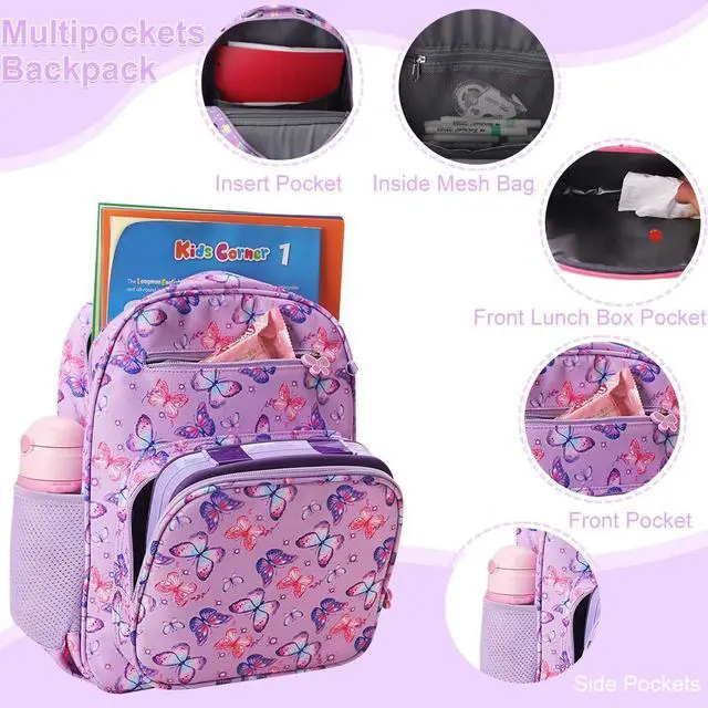 Alt view image 3 of 7 - Kids Backpack for Girls - Girls Backpack 3-8 Ages Butterfly for Kids 15 Inch School Bookbag for Kindergarten Elementary School Bookbag for Girl 1st 2nd Grade