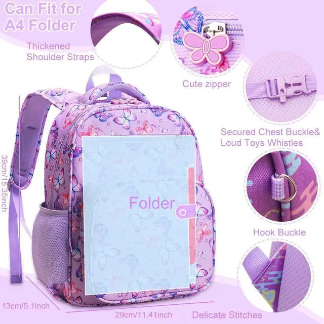 Alt view image 5 of 7 - Kids Backpack for Girls - Girls Backpack 3-8 Ages Butterfly for Kids 15 Inch School Bookbag for Kindergarten Elementary School Bookbag for Girl 1st 2nd Grade