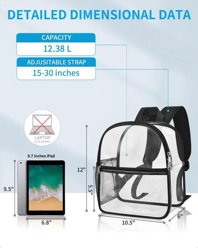 Alt view image 2 of 7 - Clear Backpack Stadium Approved 12×12×6 with Reinforced and Wider Shoulder Straps, Small Clear Bag for Schools, Concerts, Work, Festivals and Sporting Events - Black