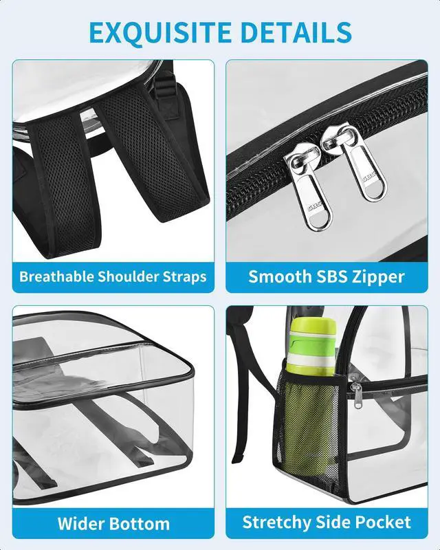 Alt view image 5 of 7 - Clear Backpack Stadium Approved 12×12×6 with Reinforced and Wider Shoulder Straps, Small Clear Bag for Schools, Concerts, Work, Festivals and Sporting Events - Black