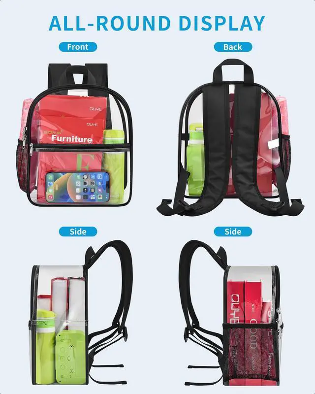 Alt view image 6 of 7 - Clear Backpack Stadium Approved 12×12×6 with Reinforced and Wider Shoulder Straps, Small Clear Bag for Schools, Concerts, Work, Festivals and Sporting Events - Black