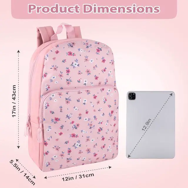 Alt view image 4 of 7 - Fun School Backpack for Elementary Middle School Girls and Boys | 17 Inch Printed Backpacks for School Kids, Travel (Pretty Pink Flowers)