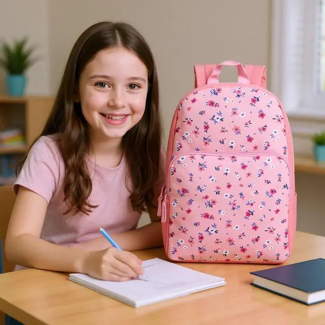 Alt view image 7 of 7 - Fun School Backpack for Elementary Middle School Girls and Boys | 17 Inch Printed Backpacks for School Kids, Travel (Pretty Pink Flowers)