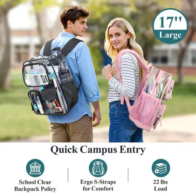 Alt view image 2 of 7 - Clear Backpack for School - 17 inch Heavy Duty Bookbag, Black