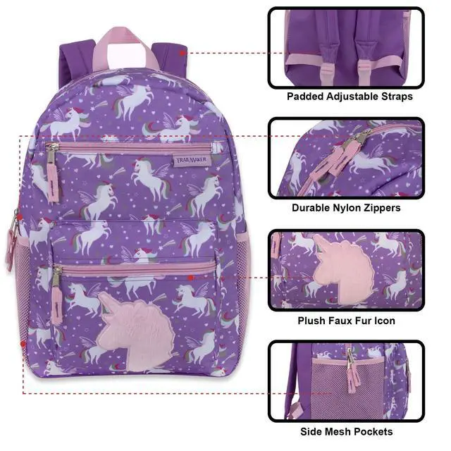 Alt view image 2 of 7 - 17 Kids Character School Backpacks Plush for Girls with Side Pockets, Padded Straps (Plush Unicorn Love)