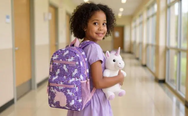 Alt view image 7 of 7 - 17 Kids Character School Backpacks Plush for Girls with Side Pockets, Padded Straps (Plush Unicorn Love)