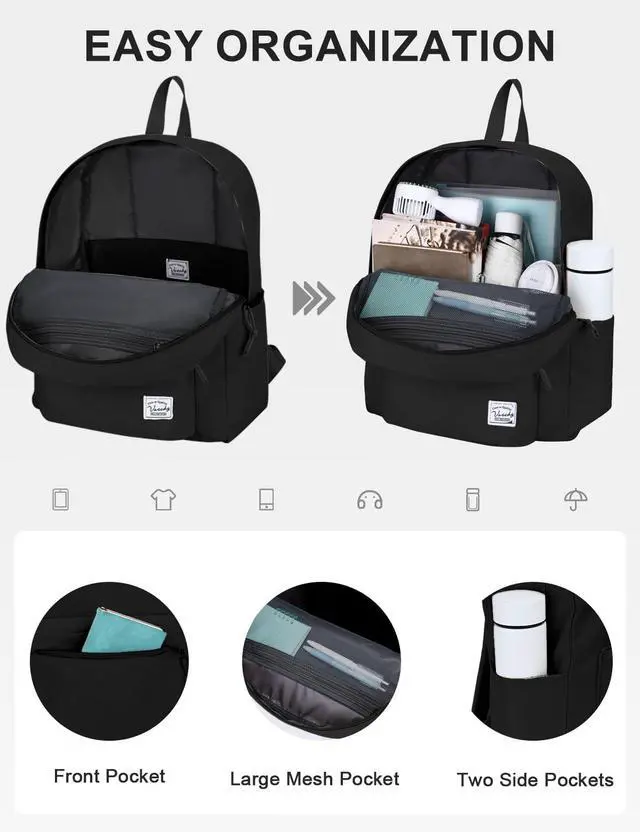 Alt view image 4 of 7 - Lightweight Backpack for School, Classic Basic Water Resistant Casual Daypack for Travel with Bottle Side Pockets (Black)