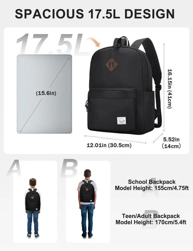 Alt view image 2 of 7 - Lightweight Backpack for School, Classic Basic Water Resistant Casual Daypack for Travel with Bottle Side Pockets (Black)