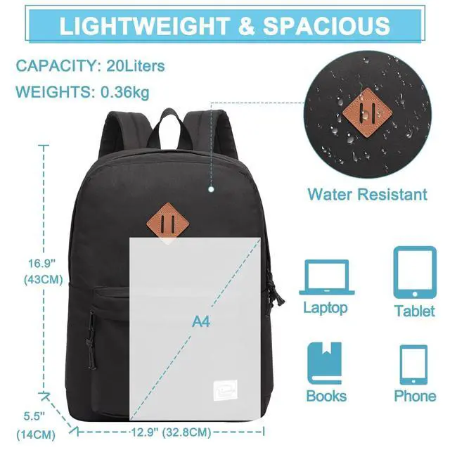 Alt view image 3 of 7 - Lightweight Backpack for School, Classic Basic Water Resistant Casual Daypack for Travel with Bottle Side Pockets (Black)