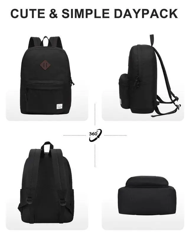 Alt view image 7 of 7 - Lightweight Backpack for School, Classic Basic Water Resistant Casual Daypack for Travel with Bottle Side Pockets (Black)