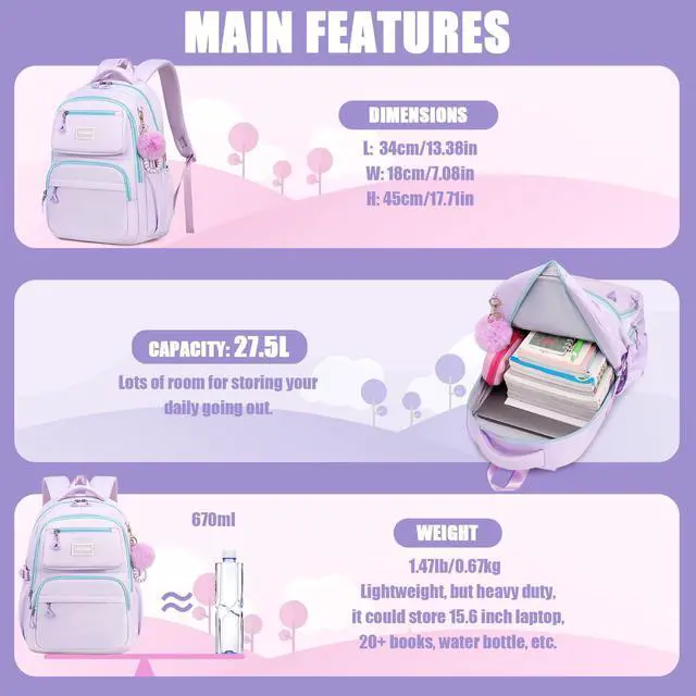 Alt view image 5 of 7 - Girls Backpacks Ages 8-10, 10-12, 12-14, Lightweight Kids Teens Bookbag Large Capacity Aesthetics Bags for Elementary Primary High School