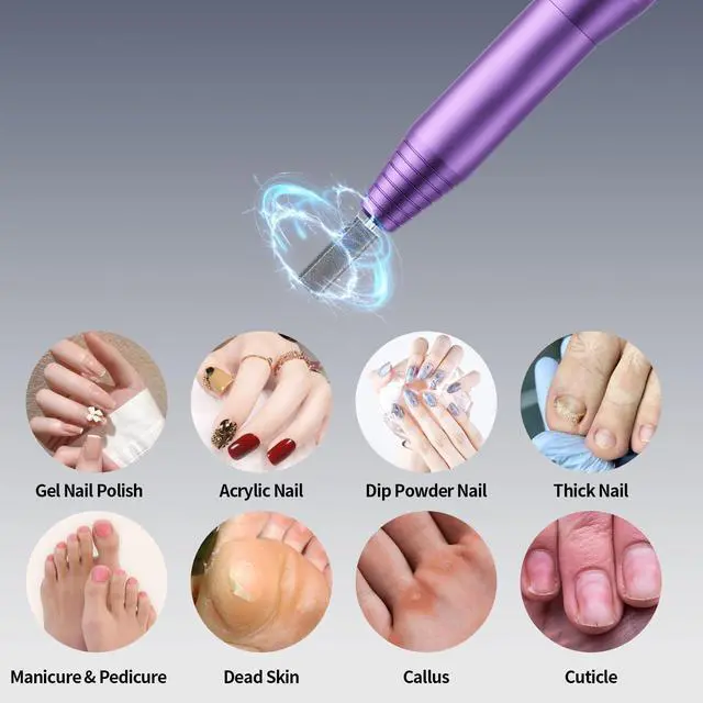 Alt view image 3 of 7 - Professional Electric Nail Drill Kit - Variable Speed Control for Acrylic & Gel Nails, Manicure & Pedicure | Includes 6 Grinding Bits, Quiet & Smooth Operation (Purple)