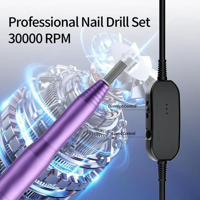 Alt view image 6 of 7 - Professional Electric Nail Drill Kit - Variable Speed Control for Acrylic & Gel Nails, Manicure & Pedicure | Includes 6 Grinding Bits, Quiet & Smooth Operation (Purple)