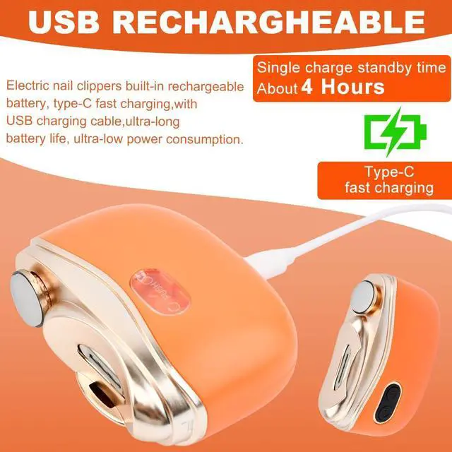 Alt view image 4 of 7 - 2 in 1 Electric Nail Clipper,2 Speed Automatic Nail Trimmer,Polishing & Nail-Scraps Storage with LED Light,Type-C USB Rechargeable Fingernail Clipper for Women Men Adult Seniors(Orange)