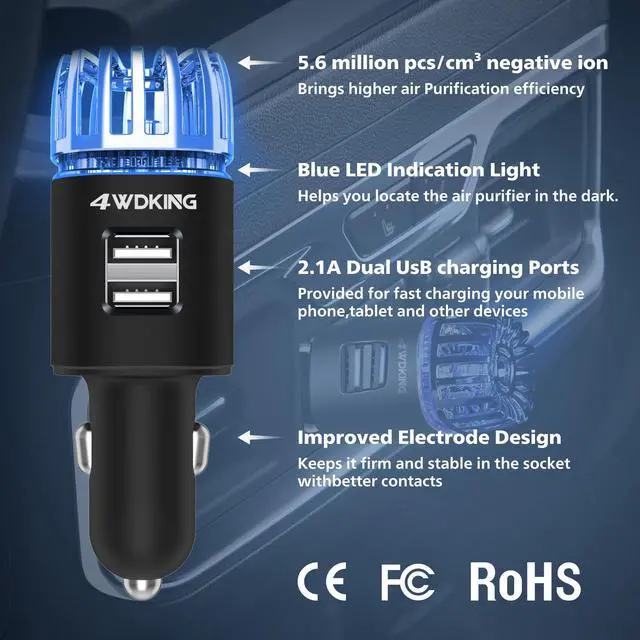 Alt view image 2 of 6 - Car Air Purifier Ionizer, 12V Plug-in, Dual USB, Odor Eliminator