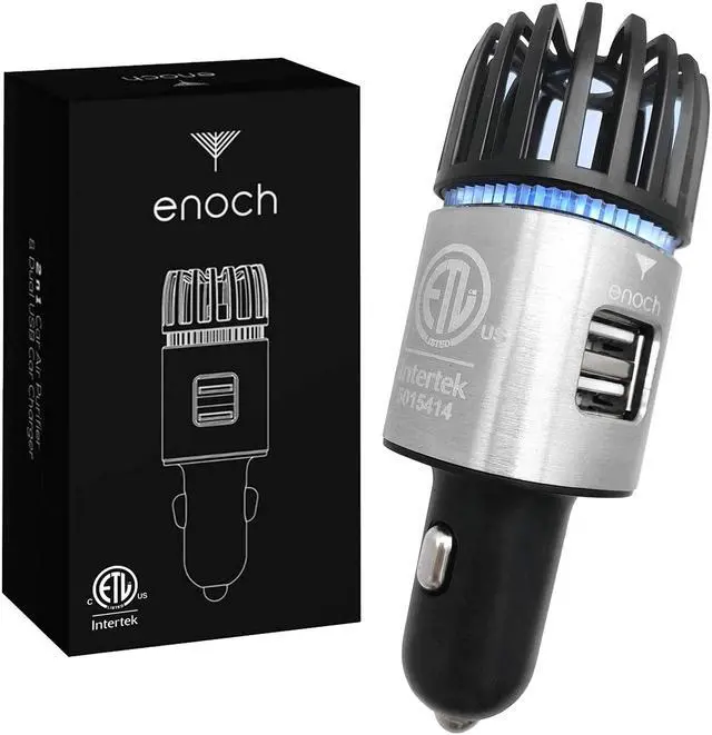 Main image of Car Air Purifier Premium Air Ionizer - 12V Plug-In Ionic Ozone Deodorizer Accessory with Dual USB Car Charger - Eliminates Cigarette Smoke, Pet and Food Odors, Dust (Gray Silver)