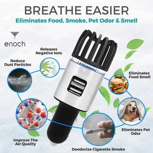Alt view image 2 of 6 - Car Air Purifier Premium Air Ionizer - 12V Plug-In Ionic Ozone Deodorizer Accessory with Dual USB Car Charger - Eliminates Cigarette Smoke, Pet and Food Odors, Dust (Gray Silver)