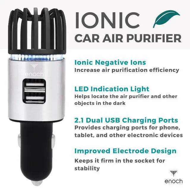 Alt view image 3 of 6 - Car Air Purifier Premium Air Ionizer - 12V Plug-In Ionic Ozone Deodorizer Accessory with Dual USB Car Charger - Eliminates Cigarette Smoke, Pet and Food Odors, Dust (Gray Silver)