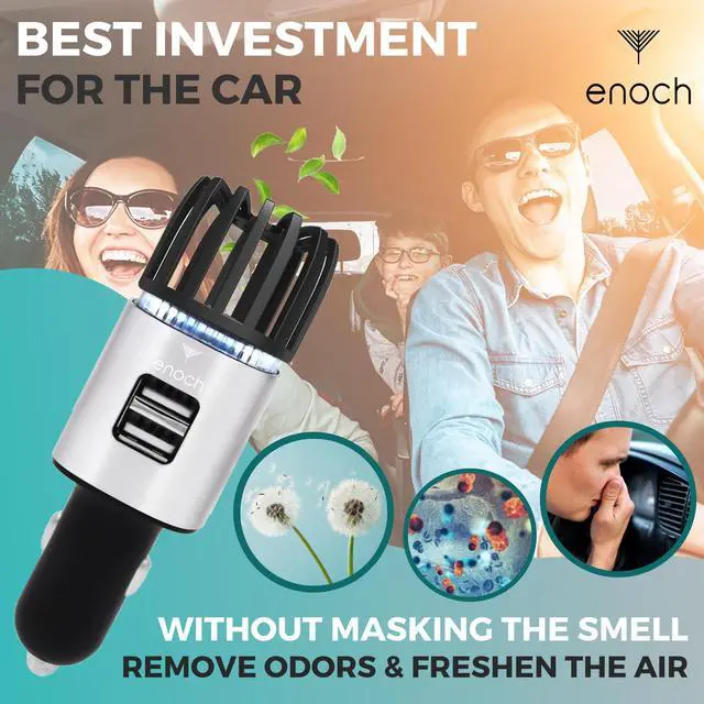 Alt view image 4 of 6 - Car Air Purifier Premium Air Ionizer - 12V Plug-In Ionic Ozone Deodorizer Accessory with Dual USB Car Charger - Eliminates Cigarette Smoke, Pet and Food Odors, Dust (Gray Silver)