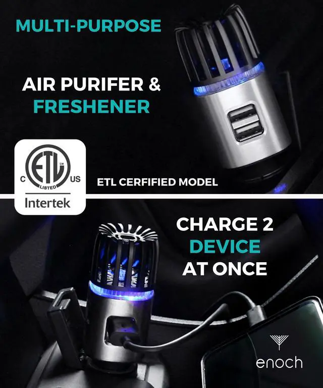 Alt view image 5 of 6 - Car Air Purifier Premium Air Ionizer - 12V Plug-In Ionic Ozone Deodorizer Accessory with Dual USB Car Charger - Eliminates Cigarette Smoke, Pet and Food Odors, Dust (Gray Silver)