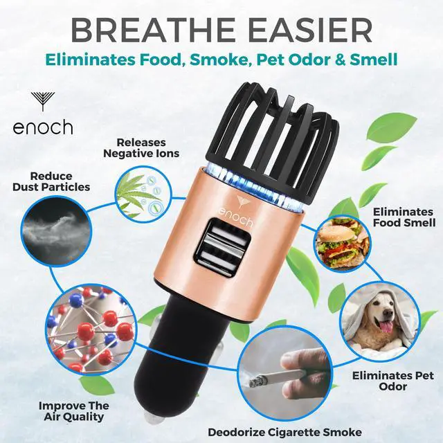 Alt view image 2 of 6 - Car Air Purifier Premium Air Ionizer - 12V Plug-In Ionic Ozone Deodorizer Accessory with Dual USB Car Charger - Eliminates Cigarette Smoke, Pet and Food Odors, Dust (Rose Gold)