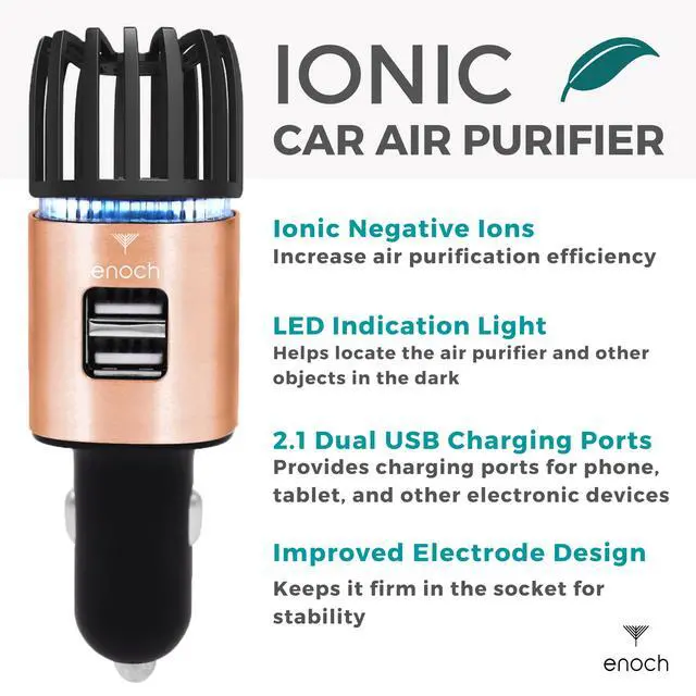 Alt view image 3 of 6 - Car Air Purifier Premium Air Ionizer - 12V Plug-In Ionic Ozone Deodorizer Accessory with Dual USB Car Charger - Eliminates Cigarette Smoke, Pet and Food Odors, Dust (Rose Gold)