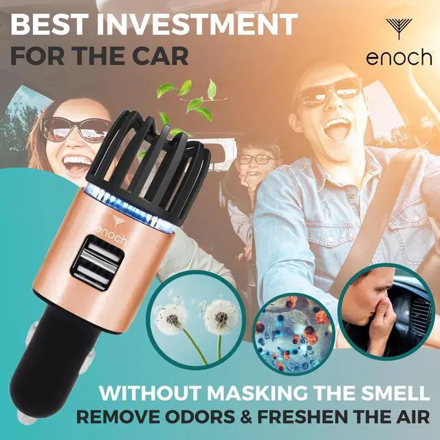 Alt view image 4 of 6 - Car Air Purifier Premium Air Ionizer - 12V Plug-In Ionic Ozone Deodorizer Accessory with Dual USB Car Charger - Eliminates Cigarette Smoke, Pet and Food Odors, Dust (Rose Gold)