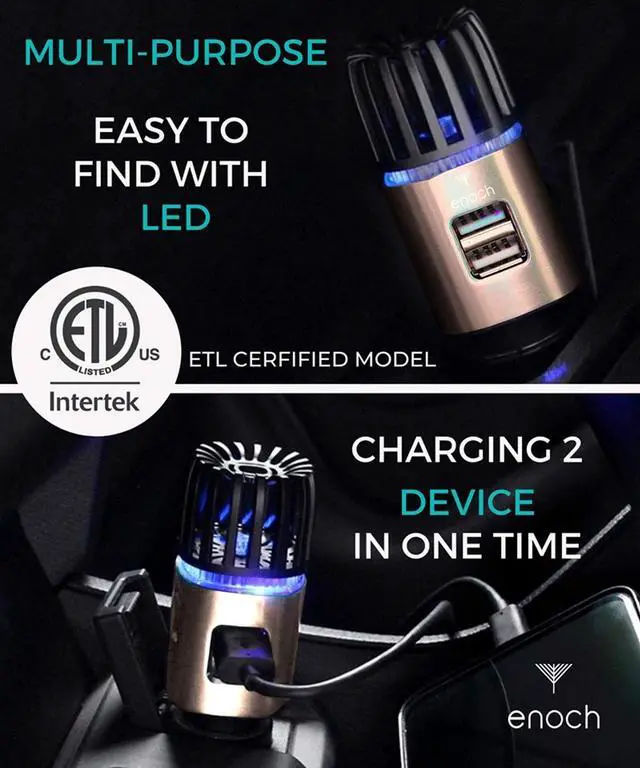 Alt view image 5 of 6 - Car Air Purifier Premium Air Ionizer - 12V Plug-In Ionic Ozone Deodorizer Accessory with Dual USB Car Charger - Eliminates Cigarette Smoke, Pet and Food Odors, Dust (Rose Gold)