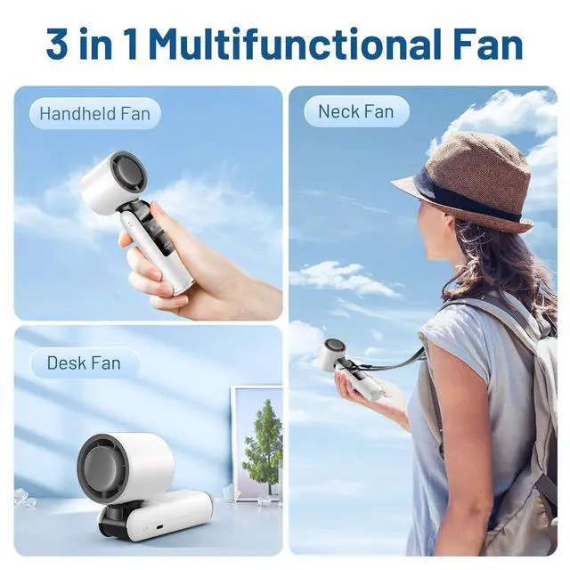 Alt view image 4 of 7 - Portable Handheld Turbo Fan, 5 High-Speed Wind, Battery Operated, Up to 12H Runtime, 3 IN 1 Hand Fan with LED Display & Flashlight, Personal Cooling Fan for Travel, Outdoor, Beach Essentials