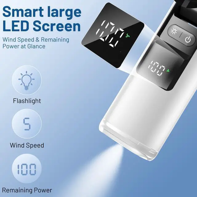 Alt view image 5 of 7 - Portable Handheld Turbo Fan, 5 High-Speed Wind, Battery Operated, Up to 12H Runtime, 3 IN 1 Hand Fan with LED Display & Flashlight, Personal Cooling Fan for Travel, Outdoor, Beach Essentials